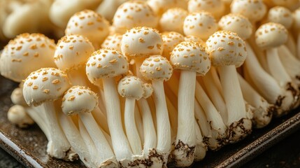 Poster - Enoki mushrooms displayed on a textured surface showcasing their unique shape and delicate features in natural lighting setting
