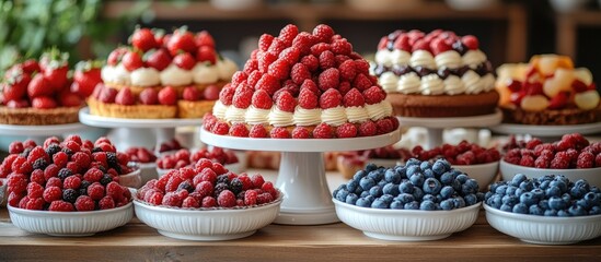 Aufkleber - Dessert table display featuring an assortment of mini cakes fresh berries and sweets arranged for a festive candy bar experience