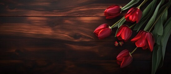 Poster - Red tulips arranged on a dark wooden background with space for text suitable for spring or floral-themed designs and marketing materials