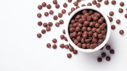 Poster - Chocolate callets arranged in a white cup on a clean backdrop showcasing a flat lay of confectionery delights and sweet treats.