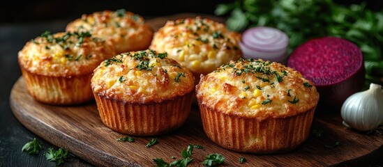 Poster - Freshly baked golden corn muffins on a wooden board with pickles onions garlic mayonnaise and beet garnish showcasing appetizing bakery delights