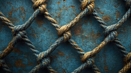 Poster - Fish Net Texture Abstract Interior Wall Decor Design Featuring Knotted Fishing Net Pattern on Rustic Blue Background
