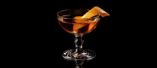 Poster - Elegant summer cocktail with orange garnish in cut glass on a dark background showcasing a trendy alcoholic beverage presentation.