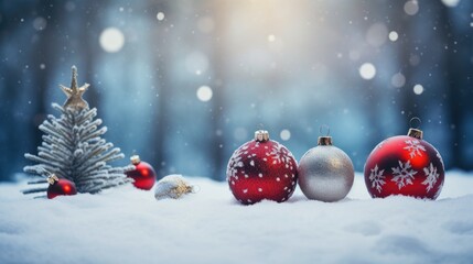 Poster - Christmas ornaments and a small tree adorned with decorations in a snowy winter landscape with soft blurred lighting backdrop