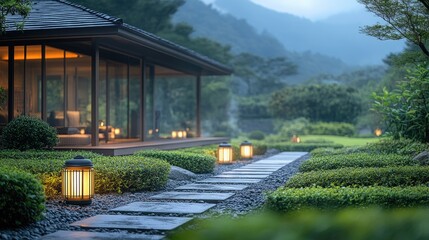 Poster - Elegant garden path illuminated by lanterns with ornamental tea plants and a serene backdrop of mountains at dusk.