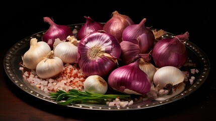 Poster - Fresh purple and white onions with garlic on a decorative plate surrounded by pink salt and green scallions on a dark background