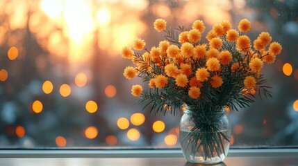 Poster - Mimosa flower bouquet on a windowsill with warm bokeh lights creating a cozy and inviting atmosphere.