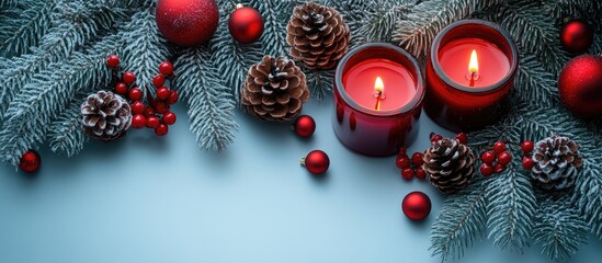 Aufkleber - Festive Christmas holiday composition with red candles, pinecones, and ornaments on a soft backdrop ideal for seasonal text placement