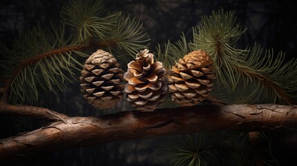 Poster - Three pine cones resting on a branch with lush green needles creating a serene forest atmosphere and natural elegance