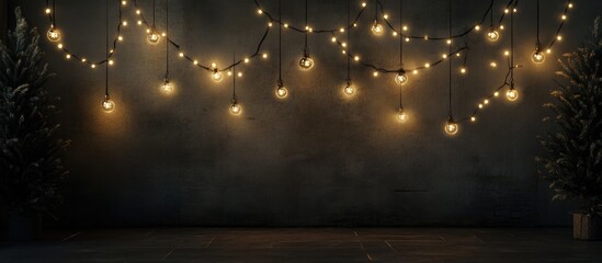 Poster - Festive garland with glowing lights and Christmas ornaments against a textured wall creating a warm holiday atmosphere