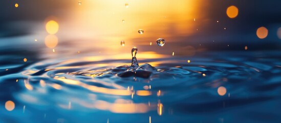 Poster - Water Droplet Creating Ripples in Calm Surface with Soft Sunlight Reflections Abstract Background for Environmental Engineering Themes