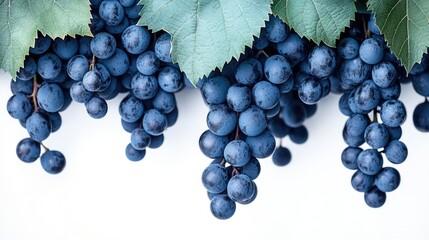 Poster - Fresh black grapes hanging with vibrant green leaves on a light background showcasing nature's bounty and healthy eating choices.
