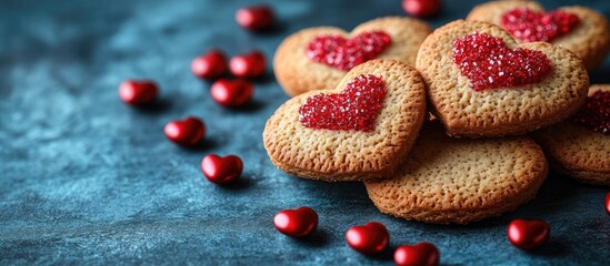Aufkleber - Heart shaped cookies with red candy on blue background symbolizing love and affection for Valentine's Day celebrations and romantic occasions