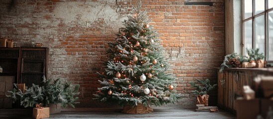 Poster - Festive Christmas tree adorned with ornaments beside decorative plants in a cozy brick wall interior setting