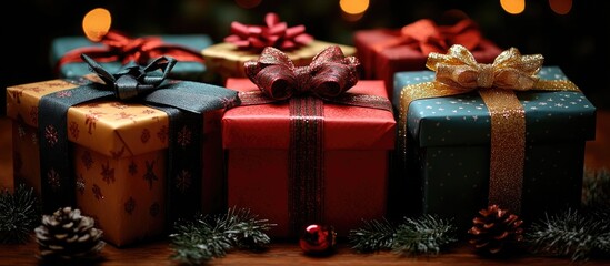 Poster - Vibrant holiday gift boxes with ribbons and bows arranged with a festive red sack on a rustic wooden surface and decorative pinecones
