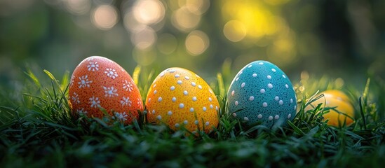 Poster - Colorful decorated Easter eggs resting on fresh green grass in a serene outdoor setting with a soft blurred background.