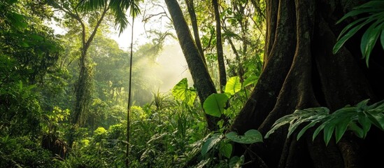 Poster - Lush tropical rainforest scenery in Cahuita National Park with sunlight filtering through dense foliage and vibrant greenery
