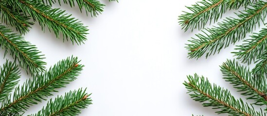 Poster - Green pine branches arranged symmetrically against a white background creating a fresh natural frame for seasonal or festive designs