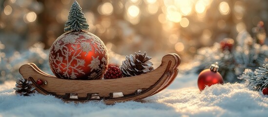 Poster - Wooden sled carrying Christmas tree and ornament in snowy landscape Celebrating holidays with festive decor and winter charm