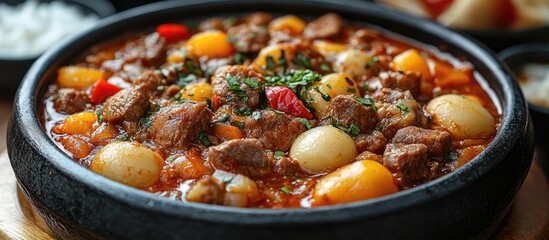 Poster - Traditional Bossam dish featuring succulent pork meat served in a savory broth with vegetables in a rustic stone bowl.
