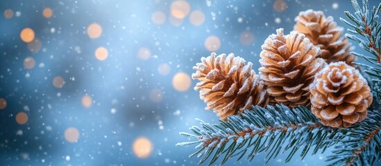 Aufkleber - Blue spruce branch covered in snow adorned with pine cones in a serene winter landscape with soft bokeh lights creating a festive atmosphere