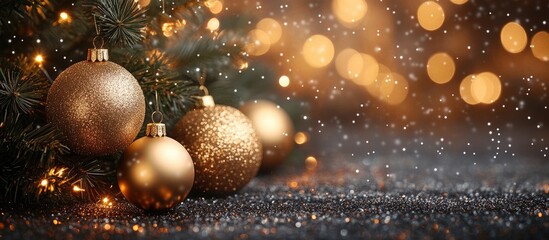 Poster - Festive New Year backdrop with decorative tree branches and shimmering golden ornaments on a sparkling textured surface.
