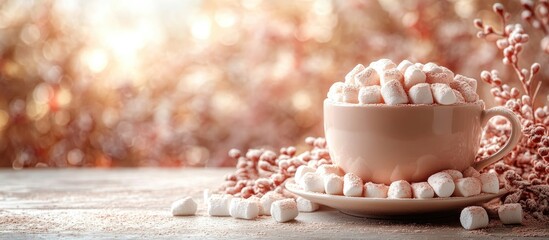 Poster - Warm cup of hot chocolate topped with fluffy marshmallows set against a soft light background on a rustic table
