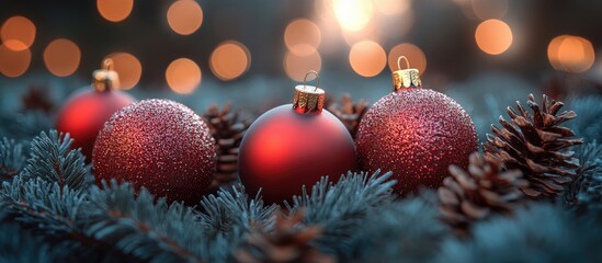 Aufkleber - Festive Christmas and New Year decorations with red ornaments and pine cones surrounded by warm bokeh lights in a cozy winter setting