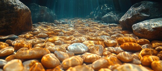 Poster - Underwater view of pebbles and rocks with sunlight penetrating the water creating a serene and tranquil atmosphere