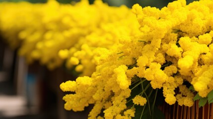 Poster - Vibrant yellow flower clusters with softly blurred green foliage creating a cheerful and fresh floral background scene