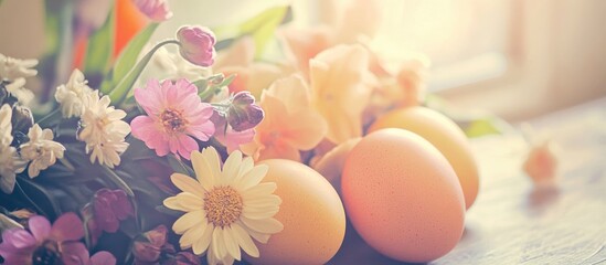 Aufkleber - Easter decoration with pastel flowers and eggs in a nostalgic retro style natural light setting