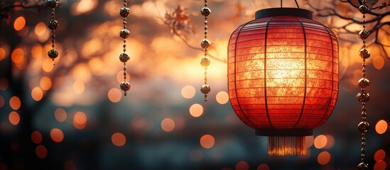 Poster - Red abstract background with blurred paper lantern close-up and golden beads, symbolizes celebration and festive ambiance at dusk.