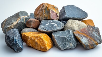 Aufkleber - Detailed close-up of a collection of various textured stones arranged on a neutral background highlighting their unique colors and patterns.