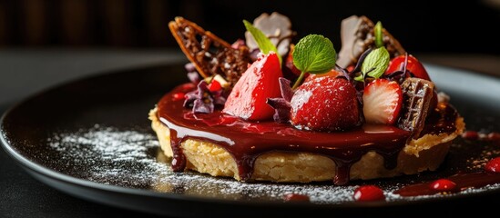 Aufkleber - Closeup of gourmet tart topped with fresh strawberries and chocolate sauce on a dark plate against a black background