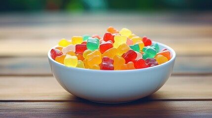 Poster - Colorful gummy bear candies in a white bowl on a wooden table vibrant sweet treats perfect for candy lovers and celebrations