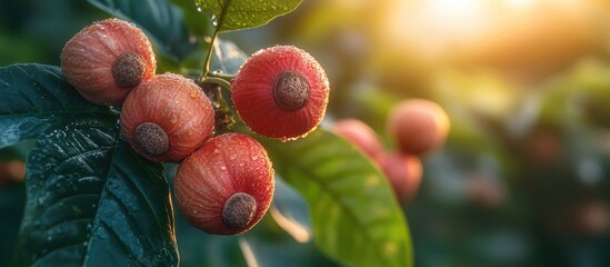 Aufkleber - Cashew nuts growing on a tree branch illuminated by sunlight in a vibrant natural setting