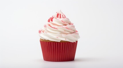 Aufkleber - Delicious red cupcake with fluffy white cream and decorative swirls on a clean white background perfect for dessert and bakery themes