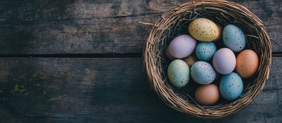 Aufkleber - Colorful Easter eggs arranged in a rustic basket on a weathered wooden tabletop for festive spring celebrations