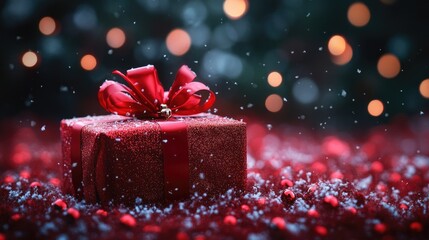 Poster - Festively Wrapped Red Gift Box with Ribbon Surrounded by Snow and Holiday Lights