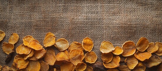 Aufkleber - Dried orange slices arranged on a jute backdrop showcasing rustic vintage decor and exotic fruit aesthetics for flat lay photography