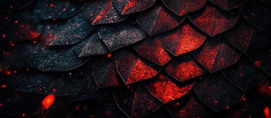 Poster - Aesthetic close-up of textured red and black roof tiles showcasing architectural design and artistic craftsmanship in modern roofing materials
