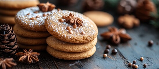 Aufkleber - Warm and inviting cookies with spices arranged on a rustic wooden surface perfect for a greeting card background