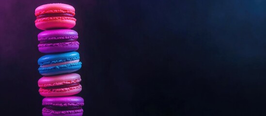 Aufkleber - Vibrant stacked macaroons in pastel colors against a dark background showcasing delicious desserts for culinary themed projects