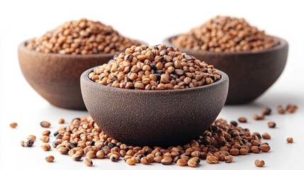 Poster - Buckwheat grains in wooden bowls on a white background showcasing natural texture and nutrition ideal for healthy cooking or dietary concepts