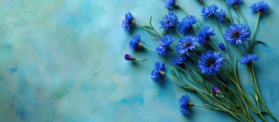 Poster - Creative arrangement of blue cornflowers with stems on a textured green backdrop perfect for summer garden themes and floral designs.