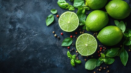 Aufkleber - Fresh limes and basil leaves on a dark background with a mix of colorful peppercorns for culinary presentation or cooking concept.