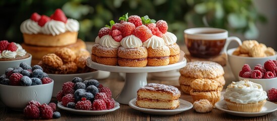 Poster - Breakfast spread with coffee and an assortment of pastries fruits and desserts on rustic wooden table setting