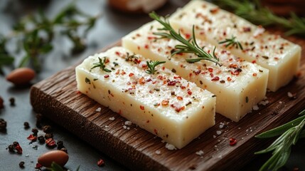 Aufkleber - Delicious salted white cheese with herbs and spices arranged on a rustic wooden board against a minimalistic background