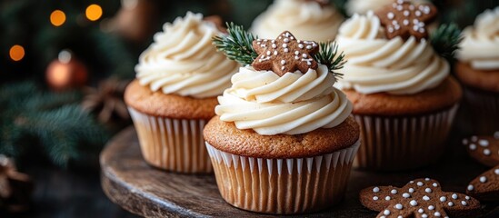 Aufkleber - Christmas gingerbread cupcakes with cream cheese frosting and decorative toppings on a rustic wooden cakestand, festive holiday close-up food scene.