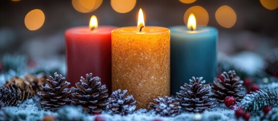 Poster - Festive Christmas Candles with Pinecones and Decorative Surrounding for Holiday Atmosphere